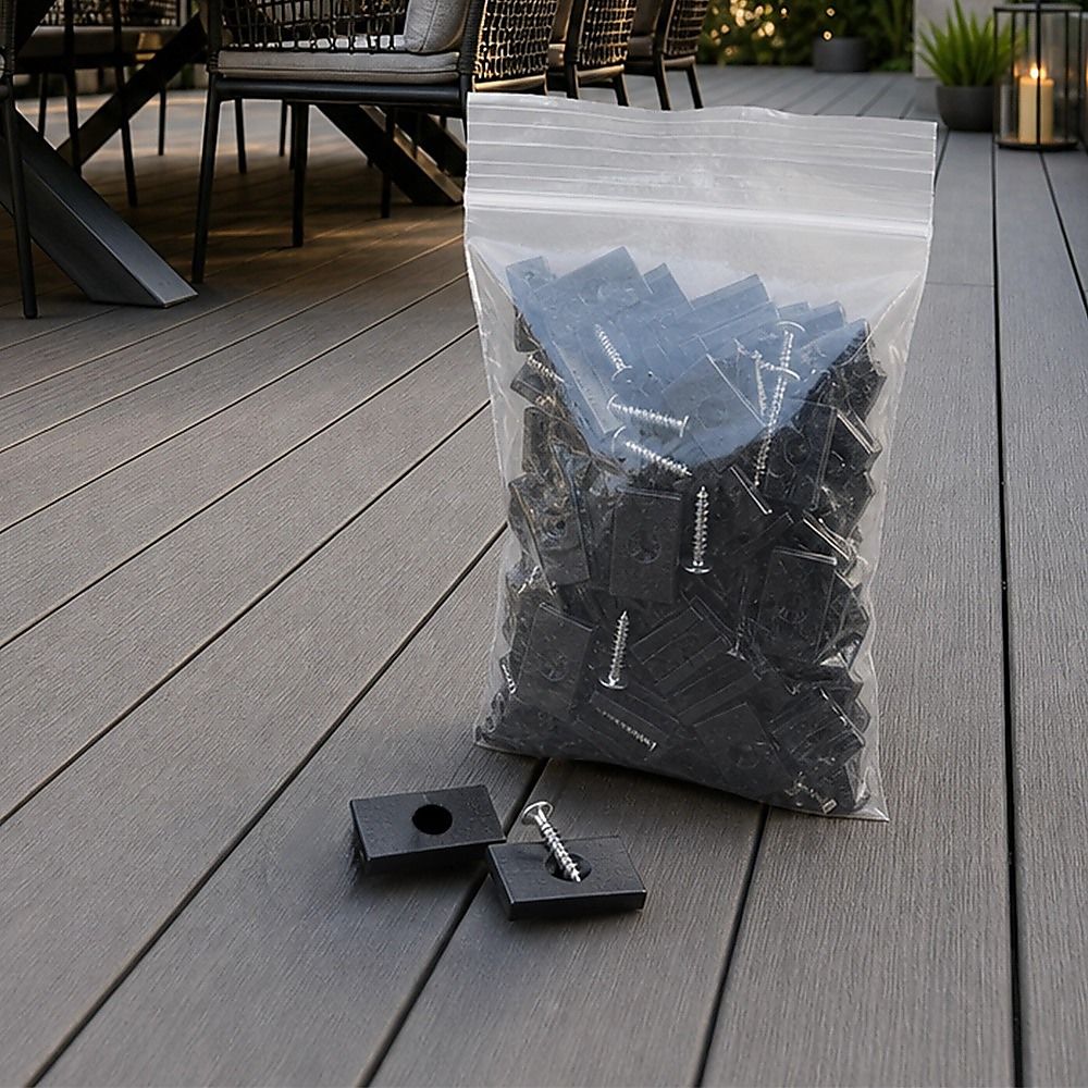 Composite Decking Hidden Fixing Fasteners - 100 Plastic T Clips & Screws