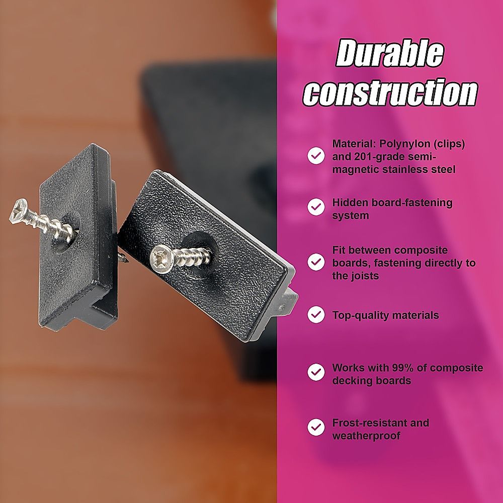 Composite Decking Hidden Fixing Fasteners - 100 Plastic T Clips & Screws