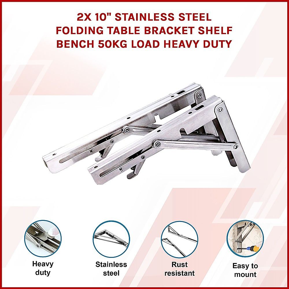 Stainless Steel Folding Table Bracket 2x 10" Heavy Duty 50kg Load