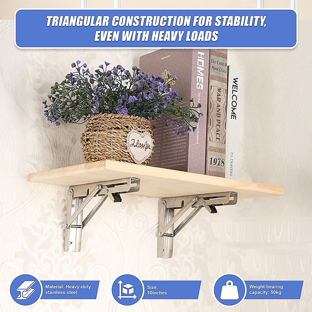 Stainless Steel Folding Table Bracket 2x 10" Heavy Duty 50kg Load