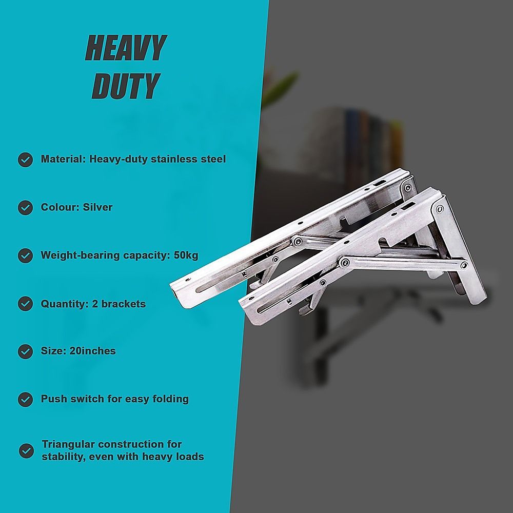 Stainless Steel Folding Table Bracket Shelf Bench 50kg Load Heavy Duty 20" Set of 2