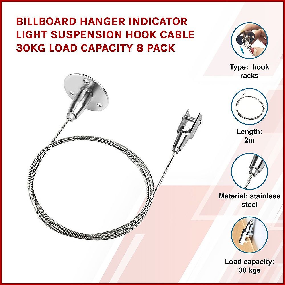 Billboard Hanger Indicator Light Suspension Hook Cable 30kg Load Capacity - 8 Pack