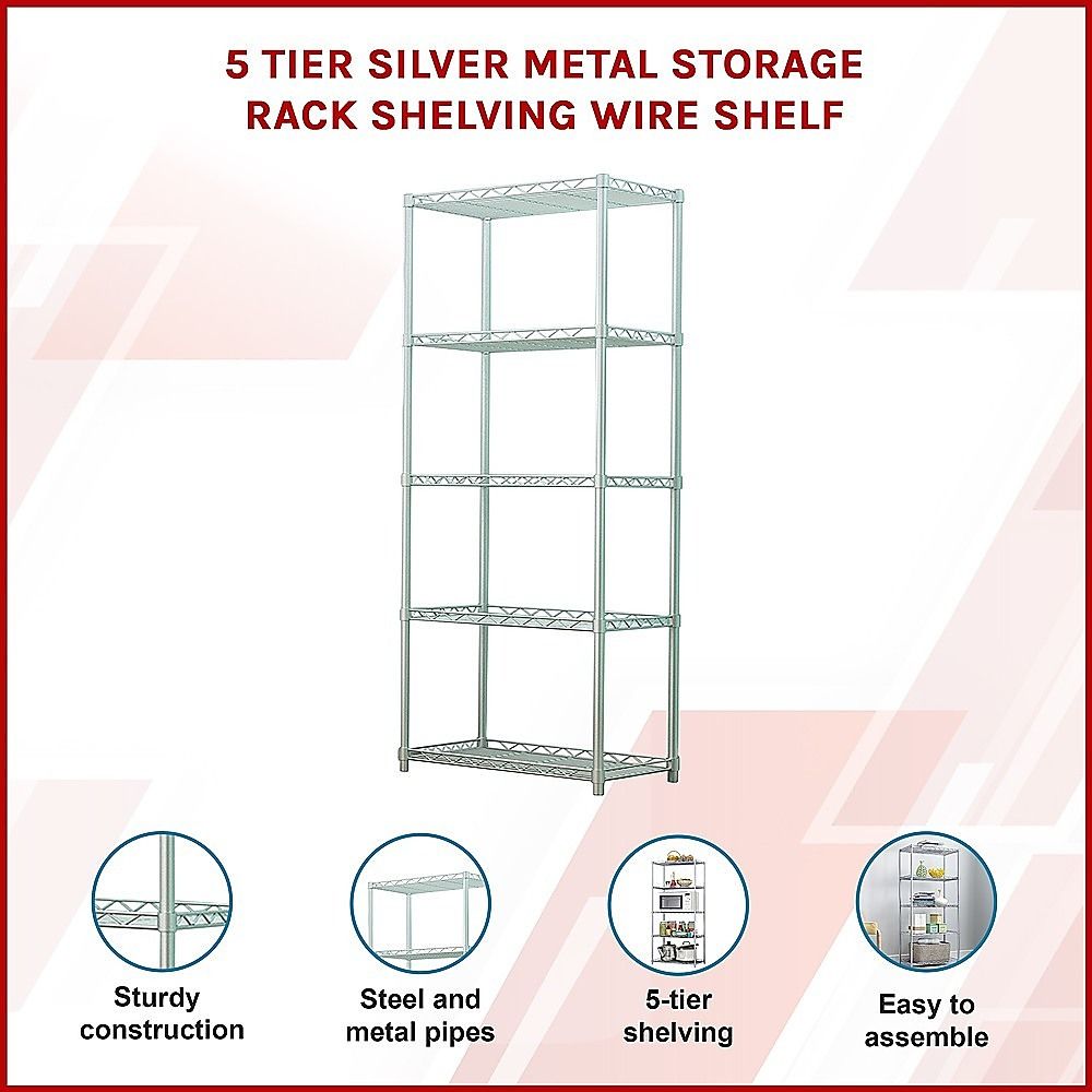 Storage Rack Shelving Wire Shelf 5 Tier Silver Metal