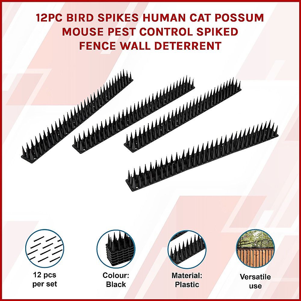 Bird Spikes Pest Control 12pc - Human, Cat, Possum, Mouse, Fence Wall Deterrent