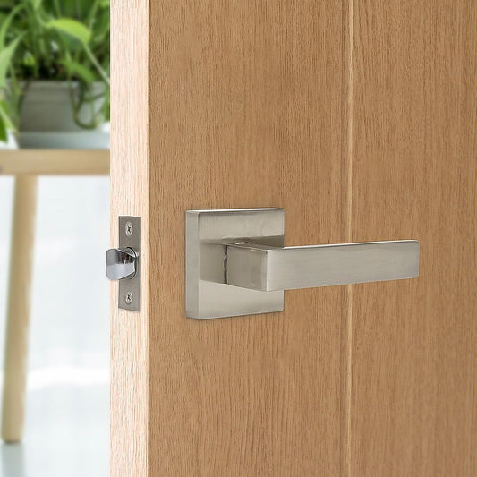 Door Handle Set - Lever Passage Function Square - Satin Nickel