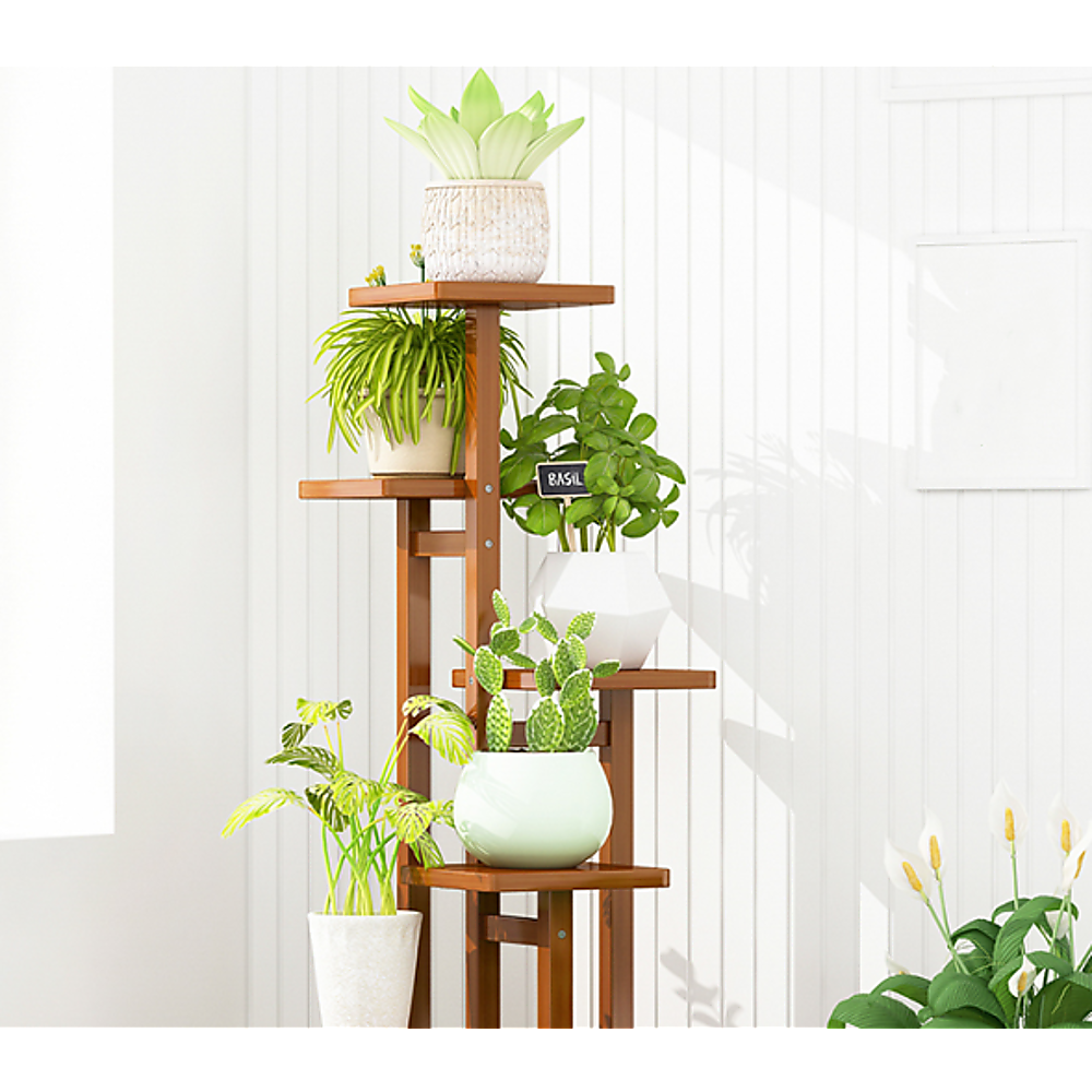 5 Tiers Vertical Bamboo Plant Stand Staged Flower Shelf Rack Outdoor Garden