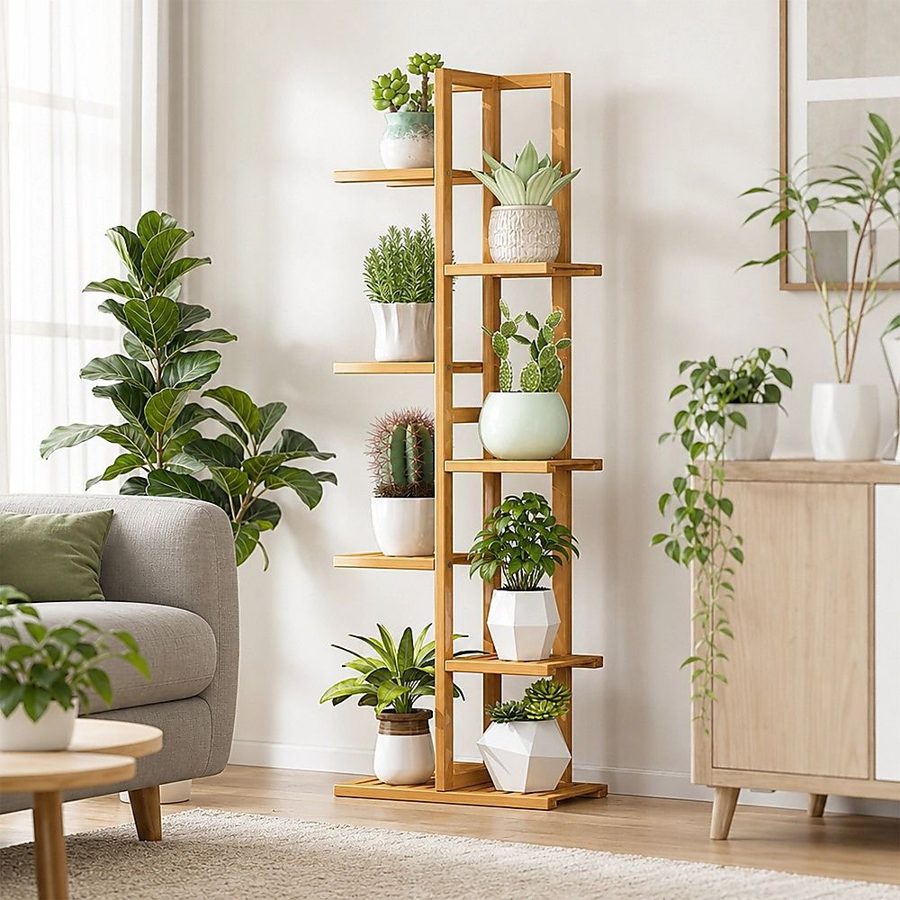 Bamboo Plant Stand 6 Tiers Vertical - Staged Flower Shelf Rack for Outdoor Garden