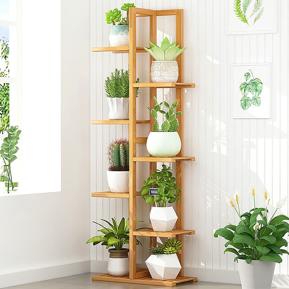 Bamboo Plant Stand 6 Tiers Vertical - Staged Flower Shelf Rack for Outdoor Garden