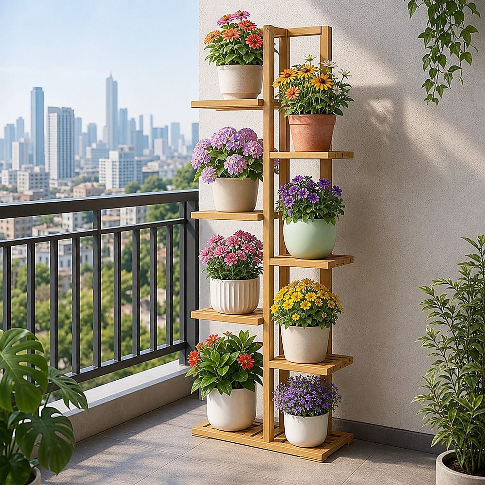 Bamboo Plant Stand 6 Tiers Vertical - Staged Flower Shelf Rack for Outdoor Garden