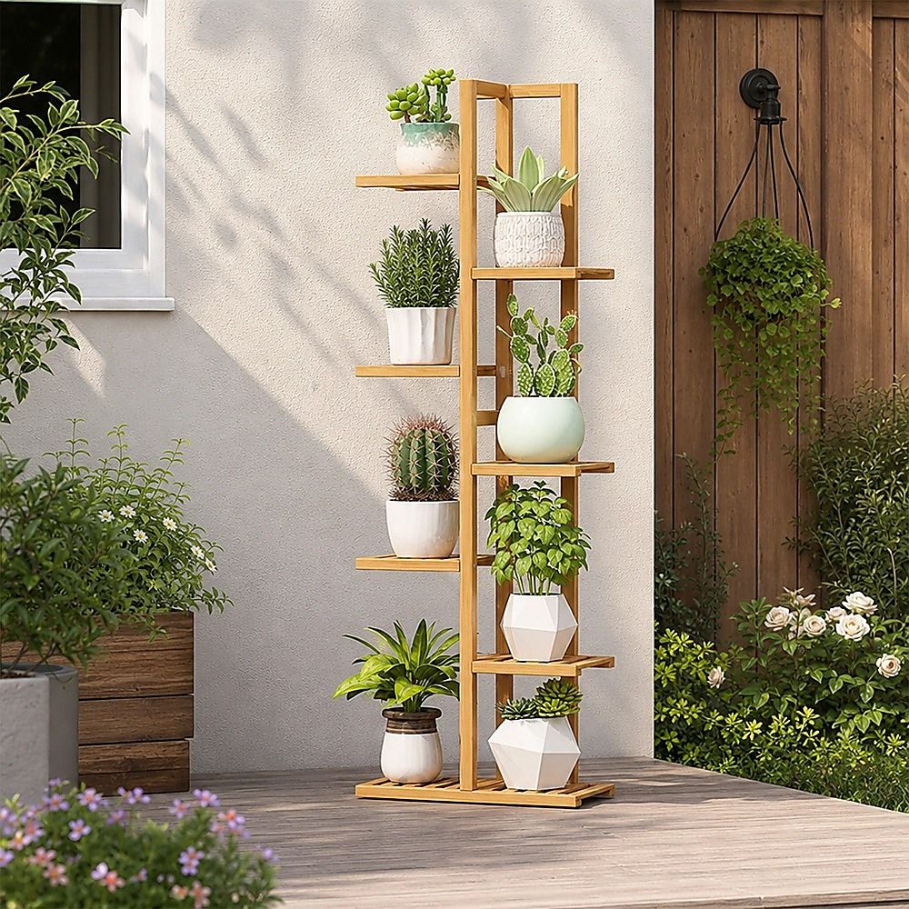 Bamboo Plant Stand 6 Tiers Vertical - Staged Flower Shelf Rack for Outdoor Garden