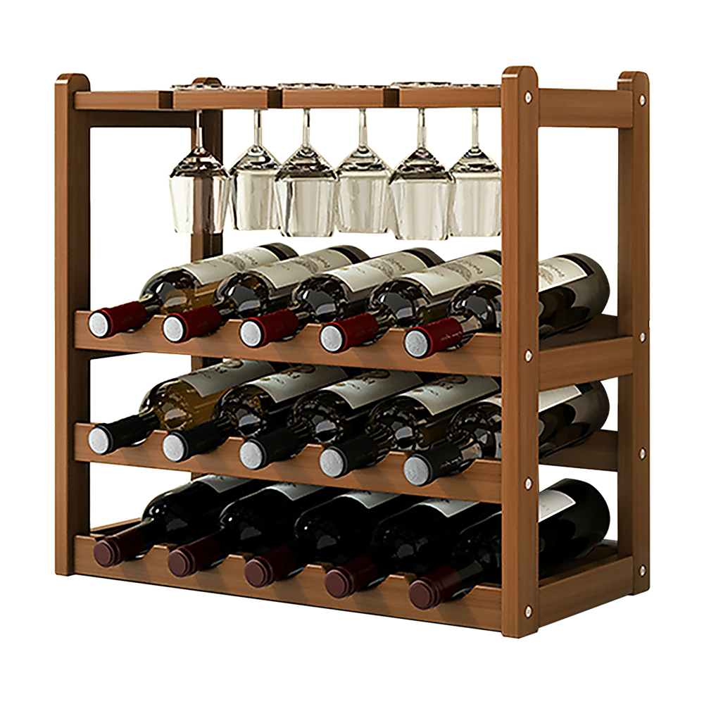 Wine Rack Free Standing 15 Bottles with 6 Glasses Holder Bamboo Wine Storage