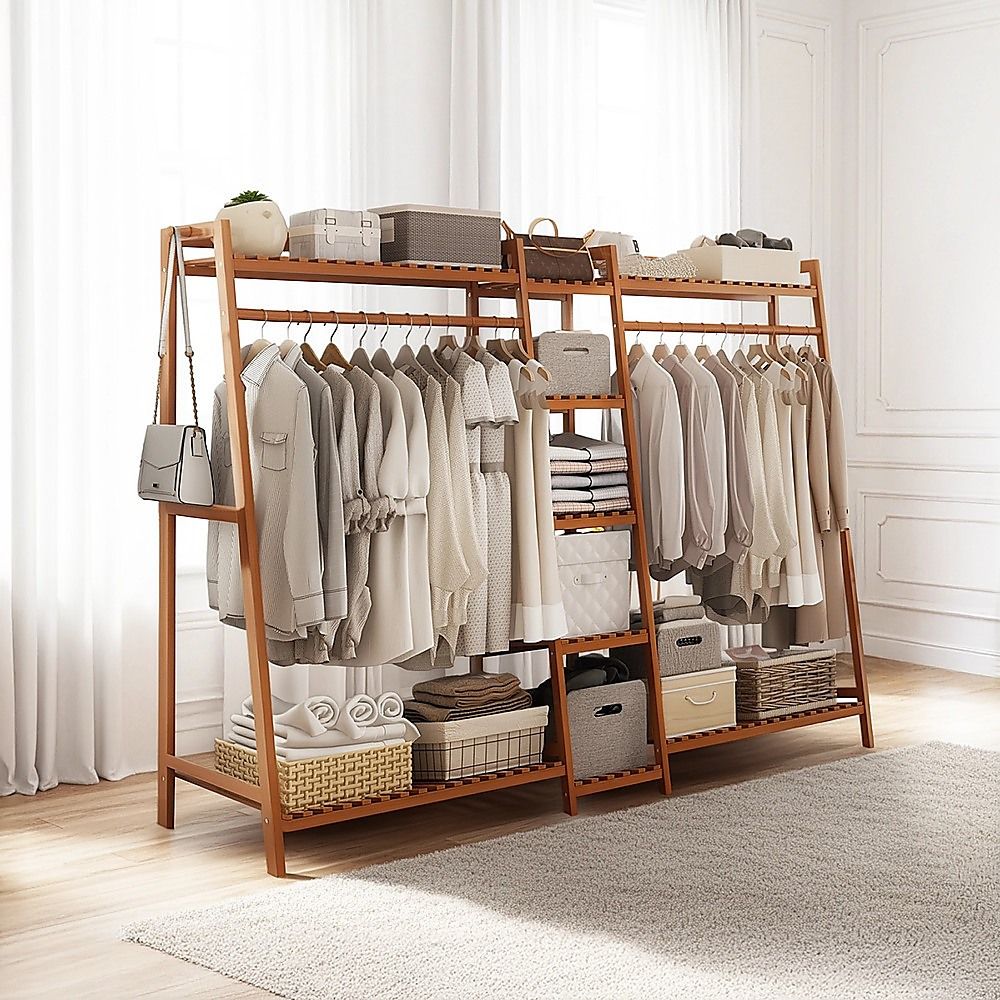 Portable Clothes Rack Coat Garment Stand - Bamboo Rail Hanger Airer Closet
