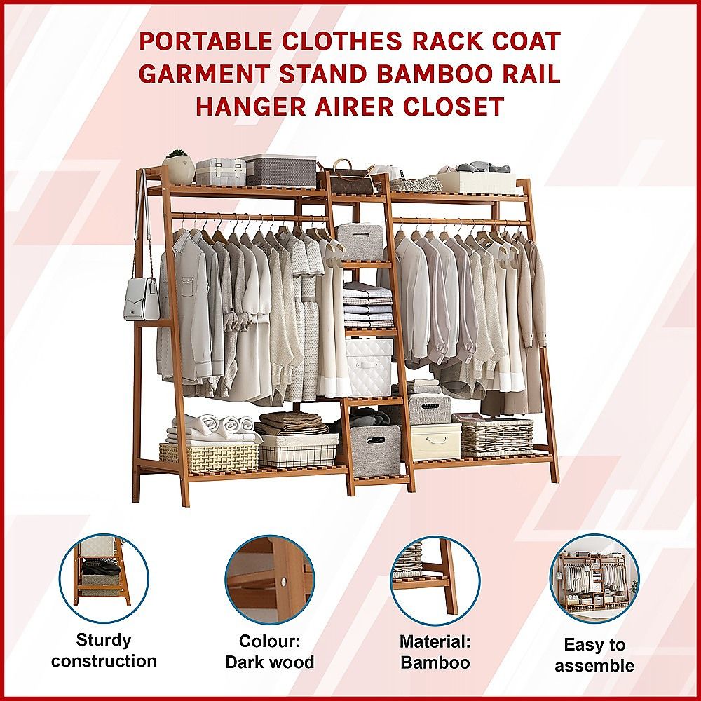 Portable Clothes Rack Coat Garment Stand - Bamboo Rail Hanger Airer Closet