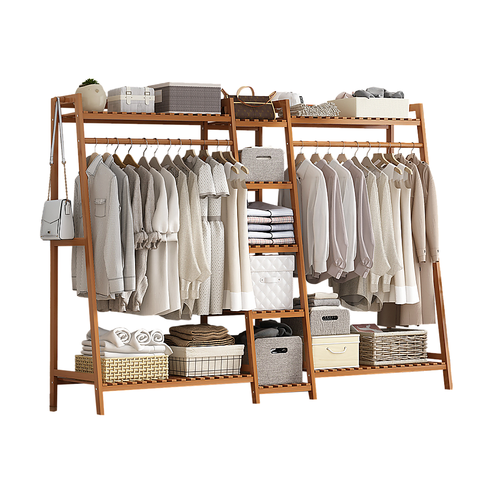 Portable Clothes Rack Coat Garment Stand - Bamboo Rail Hanger Airer Closet