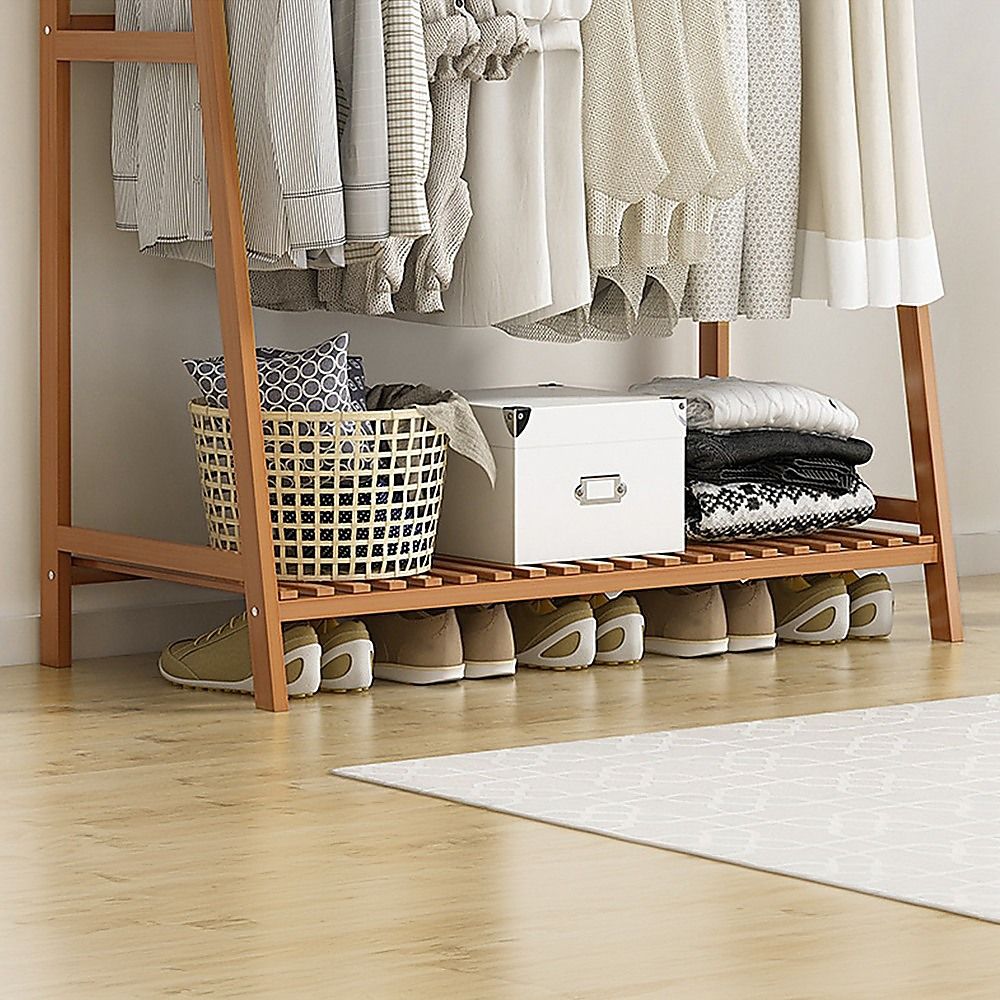 Portable Clothes Rack Coat Garment Stand - Bamboo Rail Hanger Airer Closet