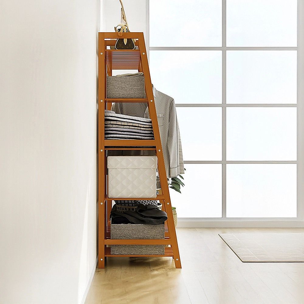 Portable Clothes Rack Coat Garment Stand - Bamboo Rail Hanger Airer Closet