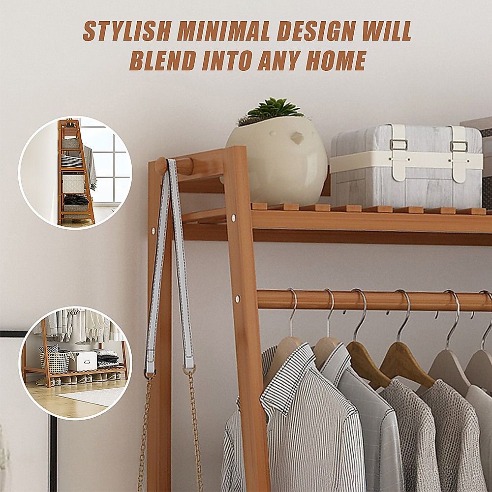 Portable Clothes Rack Coat Garment Stand - Bamboo Rail Hanger Airer Closet