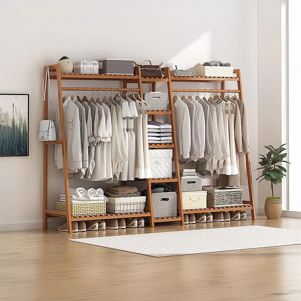 Portable Clothes Rack Coat Garment Stand - Bamboo Rail Hanger Airer Closet