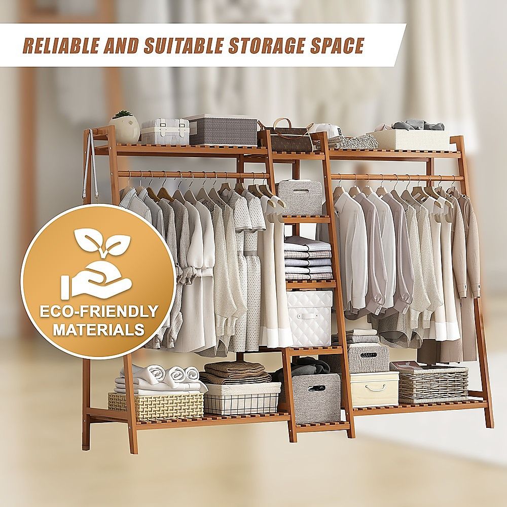Portable Clothes Rack Coat Garment Stand - Bamboo Rail Hanger Airer Closet