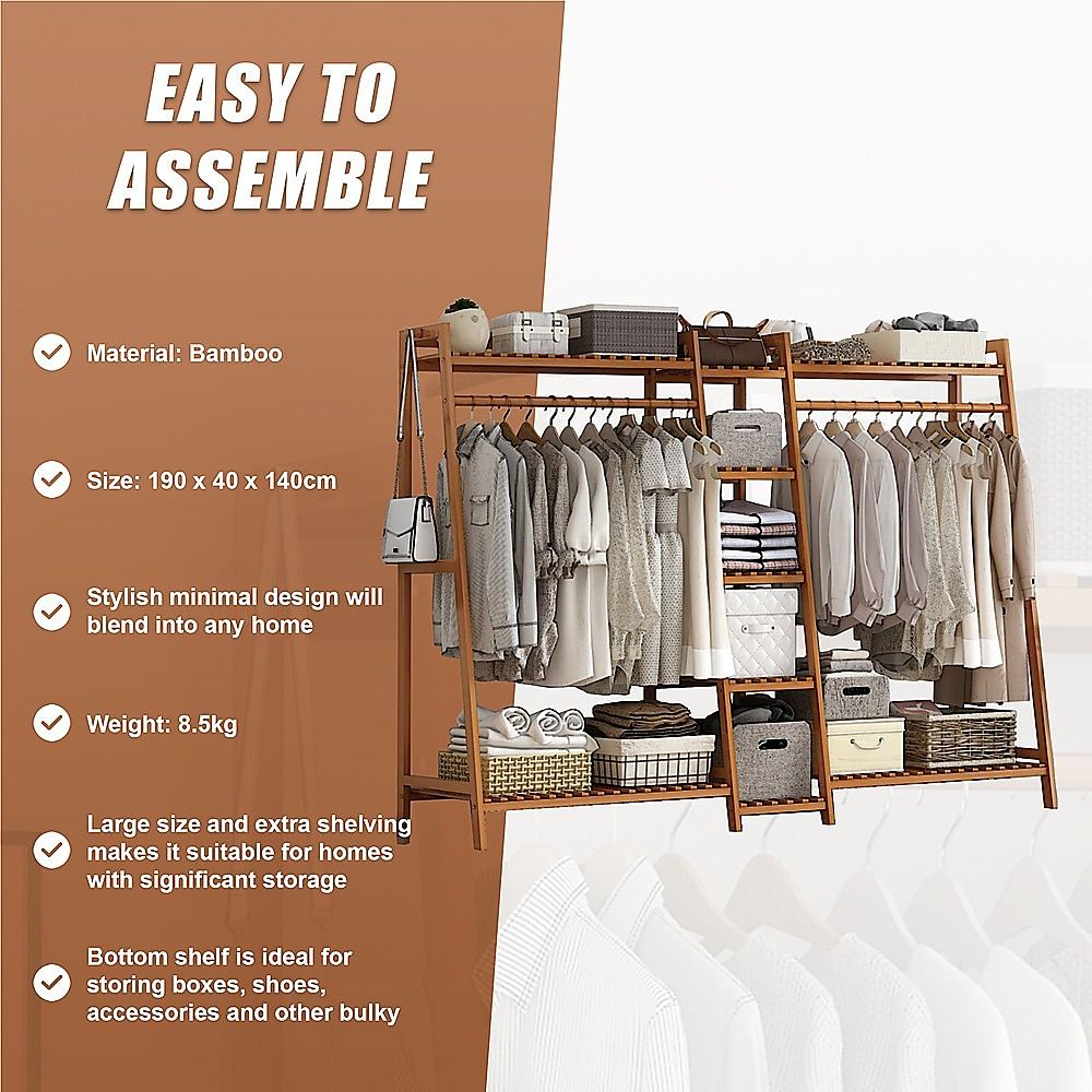 Portable Clothes Rack Coat Garment Stand - Bamboo Rail Hanger Airer Closet