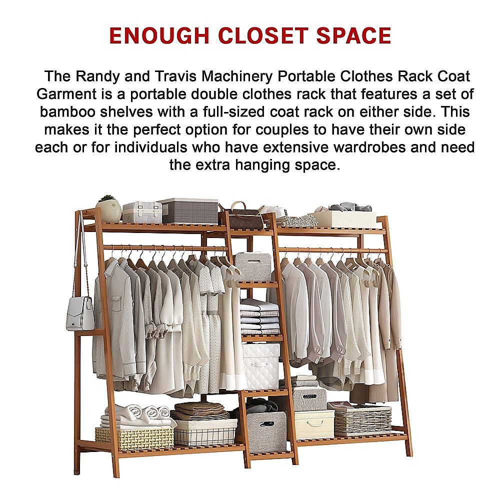 Portable Clothes Rack Coat Garment Stand - Bamboo Rail Hanger Airer Closet
