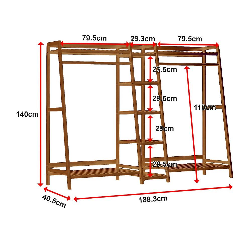 Portable Clothes Rack Coat Garment Stand - Bamboo Rail Hanger Airer Closet
