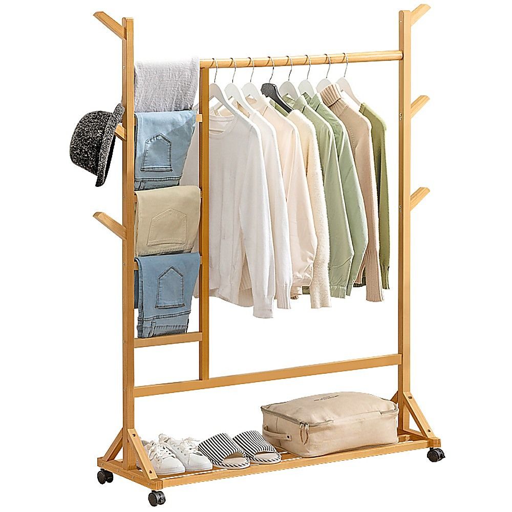 Portable Clothes Rack Coat Garment Stand - Bamboo Rail Hanger Airer Closet