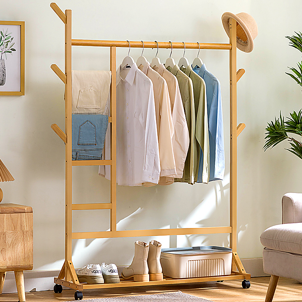 Portable Clothes Rack Coat Garment Stand - Bamboo Rail Hanger Airer Closet