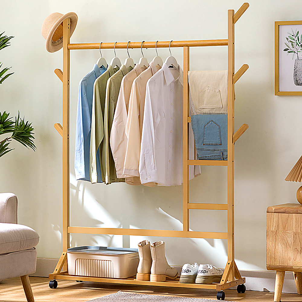 Portable Clothes Rack Coat Garment Stand - Bamboo Rail Hanger Airer Closet