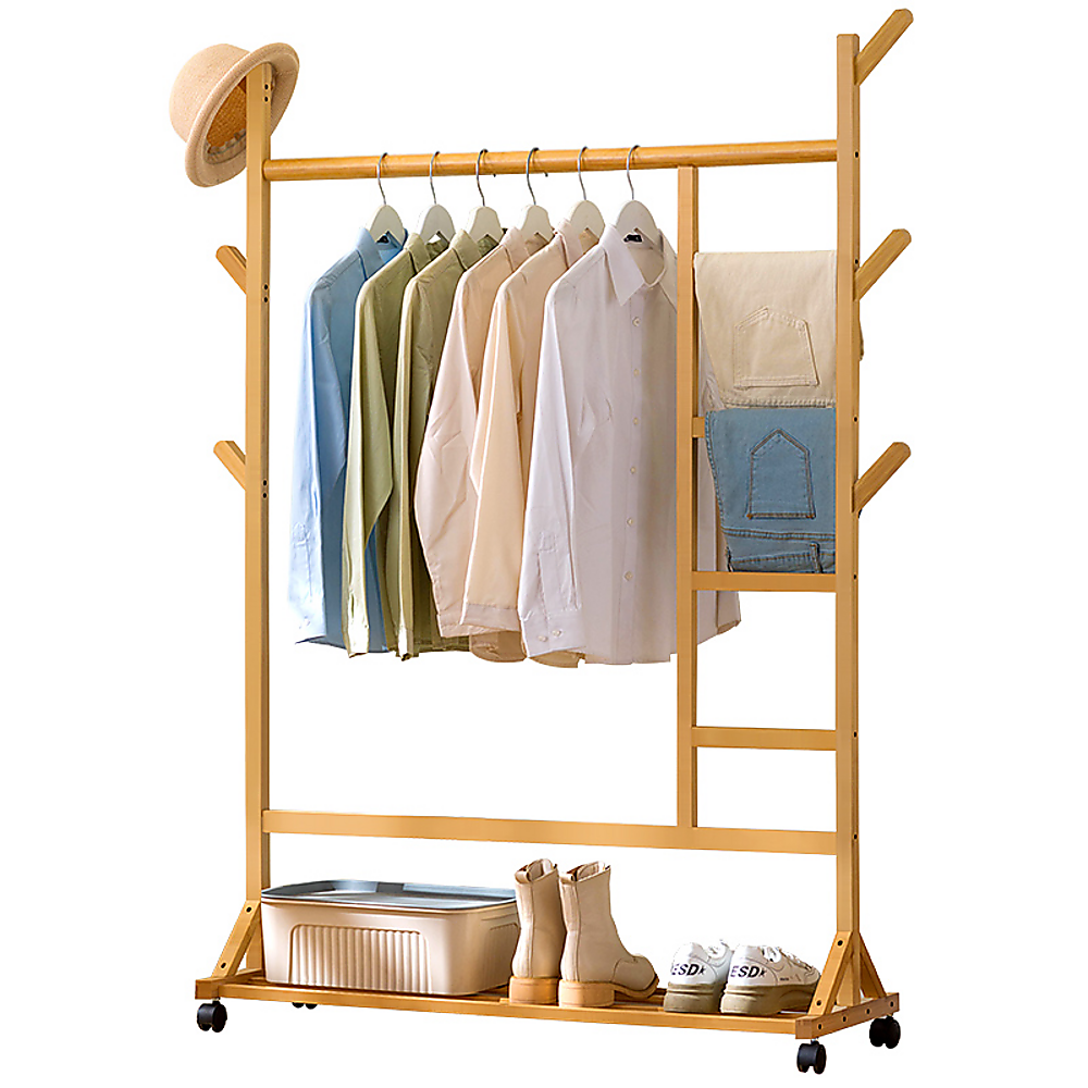 Portable Clothes Rack Coat Garment Stand - Bamboo Rail Hanger Airer Closet