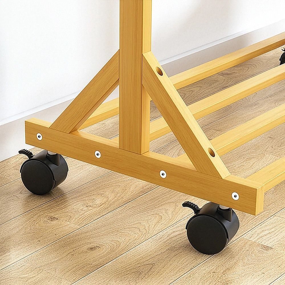Portable Clothes Rack Coat Garment Stand - Bamboo Rail Hanger Airer Closet