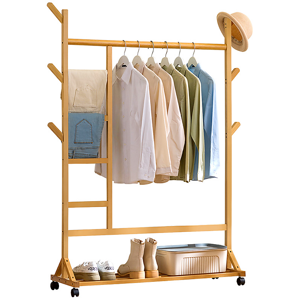 Portable Clothes Rack Coat Garment Stand - Bamboo Rail Hanger Airer Closet