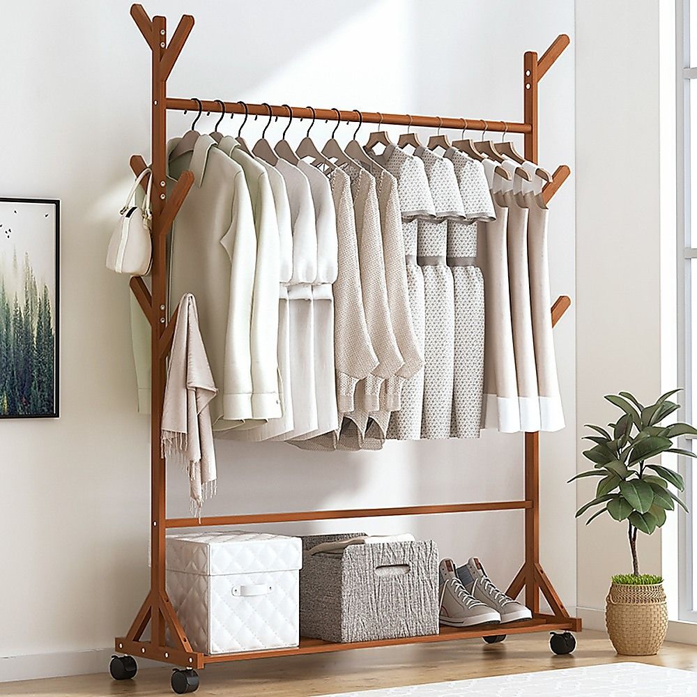 Portable Clothes Rack Coat Garment Stand Bamboo Rail