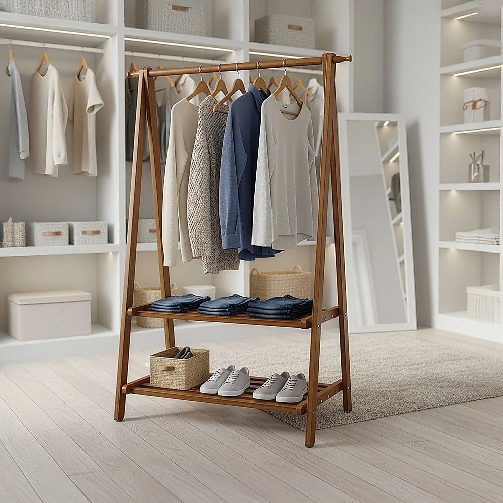 Portable Clothes Rack Coat Garment Stand - Bamboo Rail Hanger Airer Closet