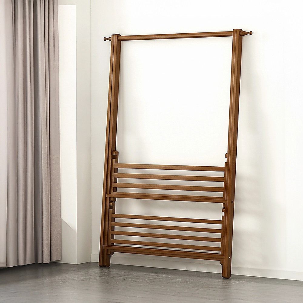 Portable Clothes Rack Coat Garment Stand - Bamboo Rail Hanger Airer Closet