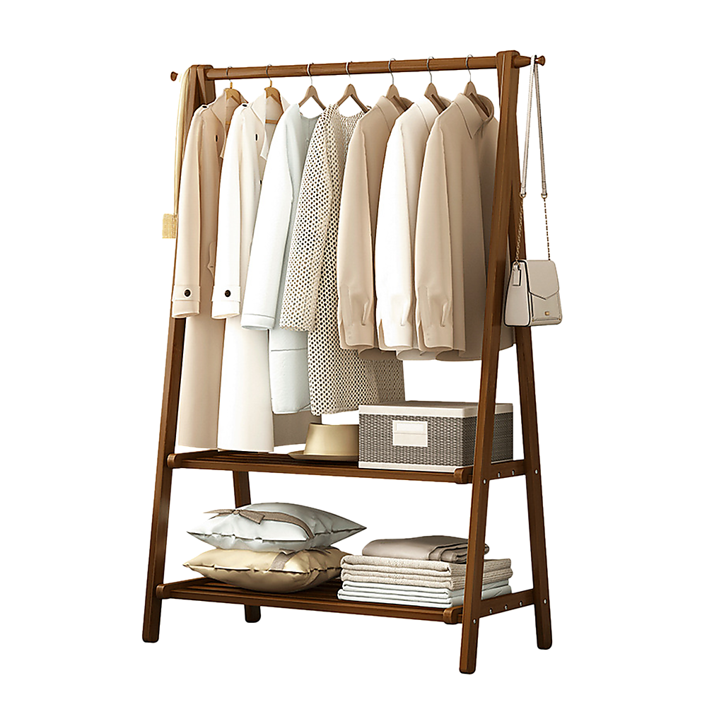 Portable Clothes Rack Coat Garment Stand - Bamboo Rail Hanger Airer Closet