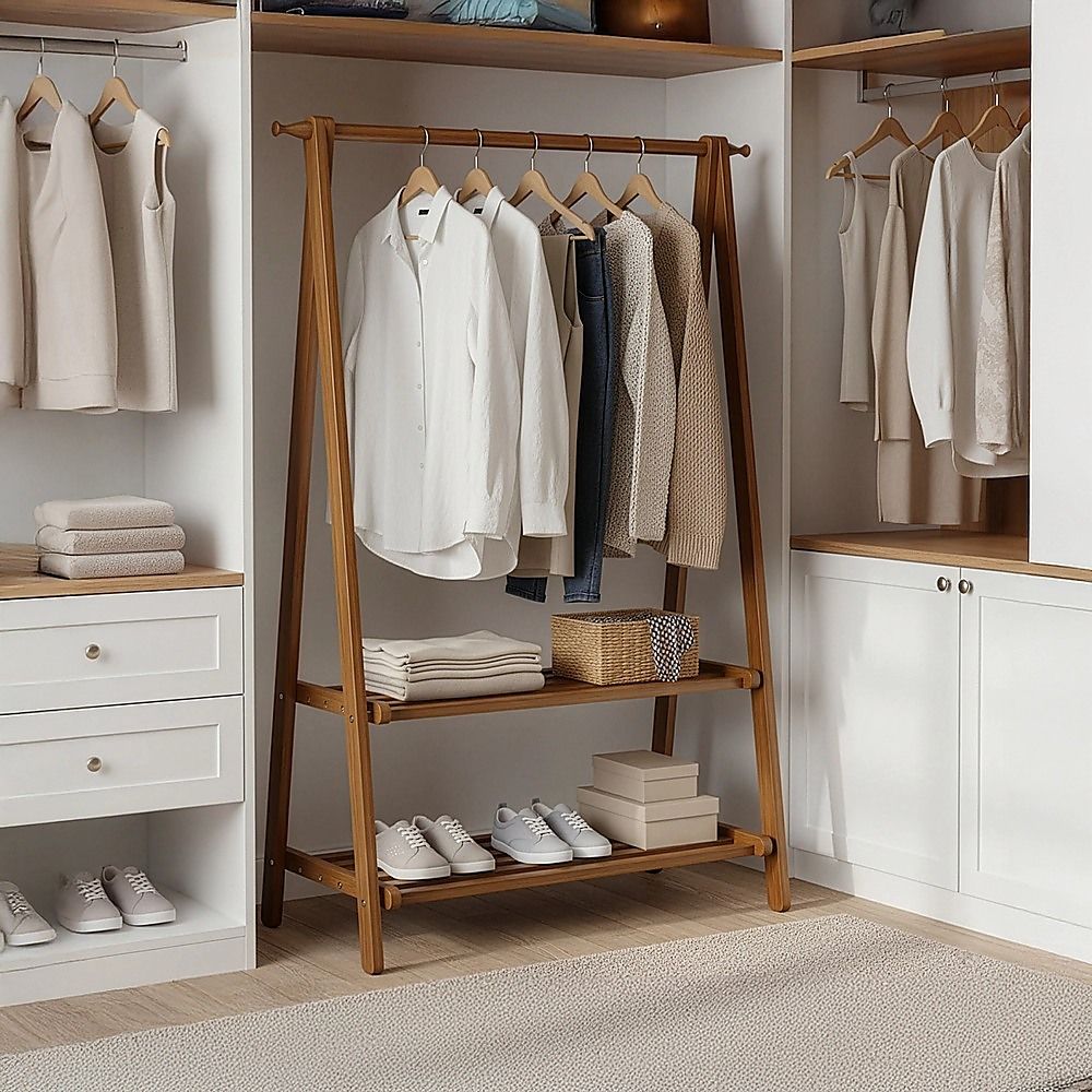 Portable Clothes Rack Coat Garment Stand - Bamboo Rail Hanger Airer Closet