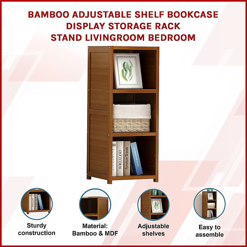 Bamboo Adjustable Shelf Bookcase Display Storage Rack Stand for Living Room and Bedroom