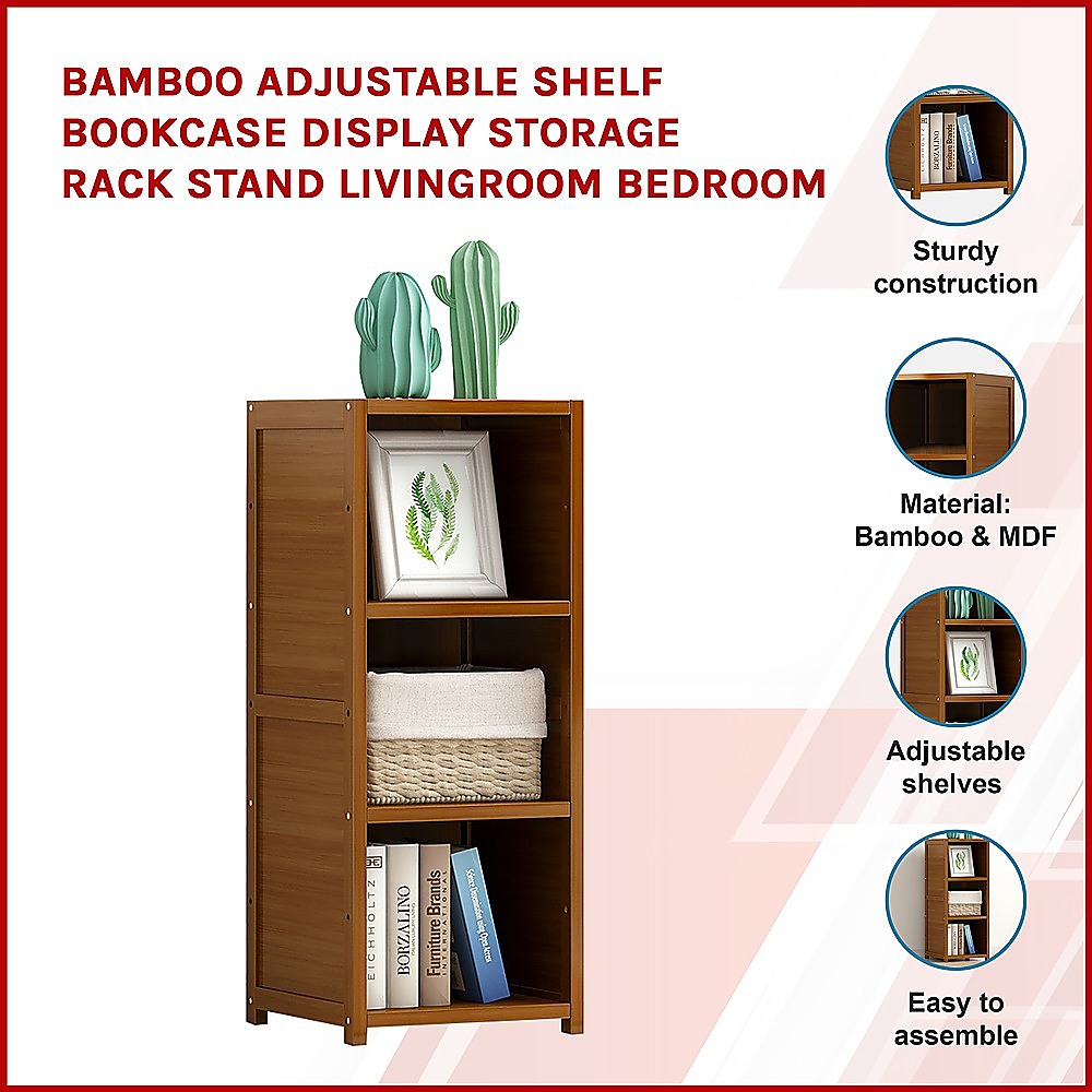 Bamboo Adjustable Shelf Bookcase Display Storage Rack Stand Livingroom Bedroom