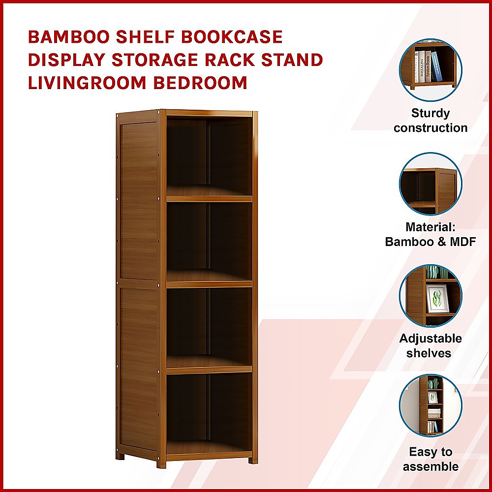 Bamboo Shelf Bookcase Display Storage Rack Stand for Living Room and Bedroom