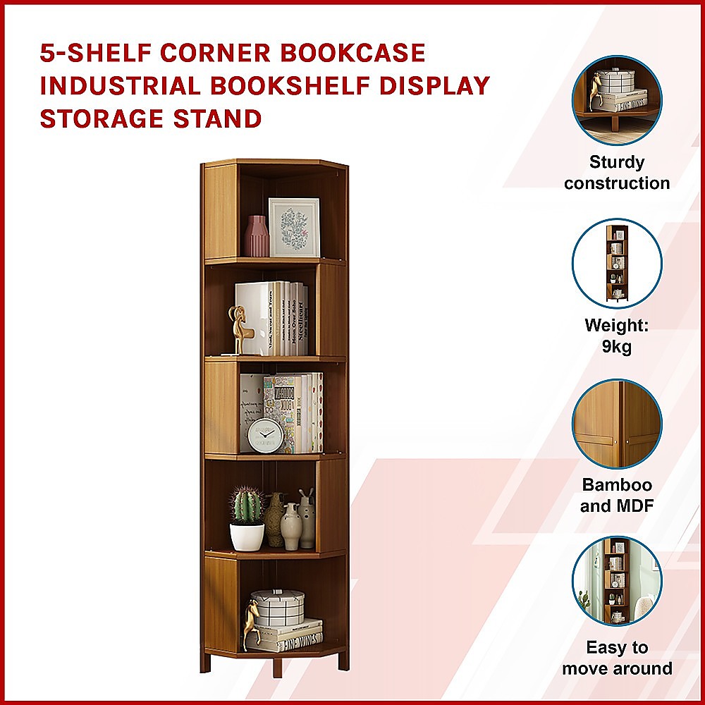 Industrial Corner Bookcase 5-Shelf Bookshelf Display Storage Stand