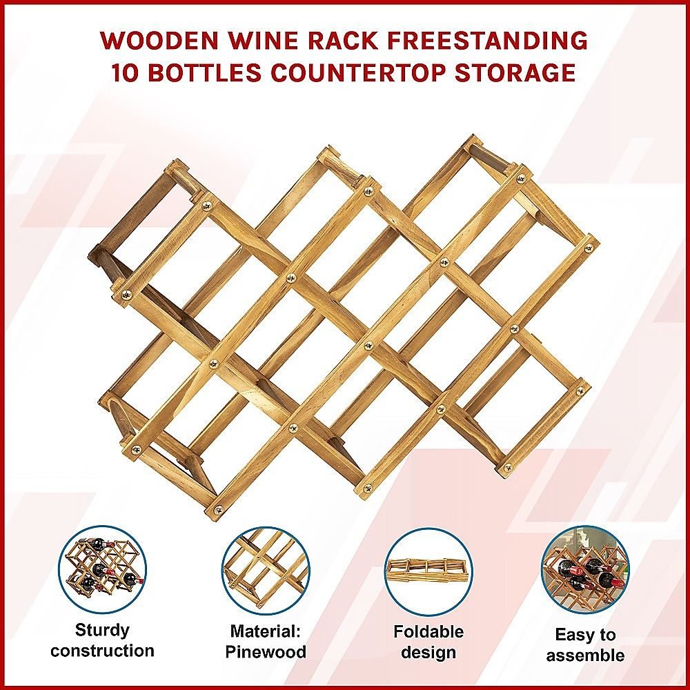 Wooden Wine Rack Freestanding 10 Bottles Countertop Storage