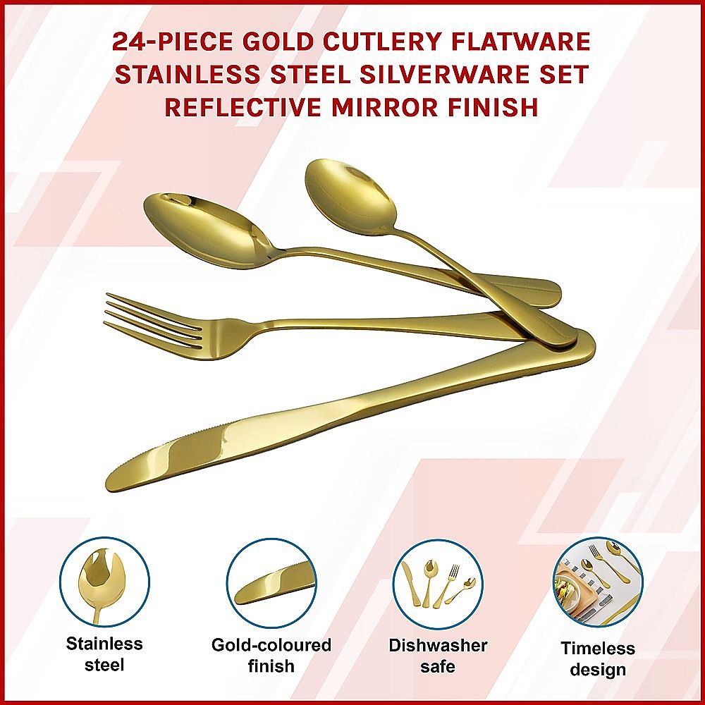 Gold Cutlery Flatware Set 24-Piece Stainless Steel Silverware with Reflective Mirror Finish