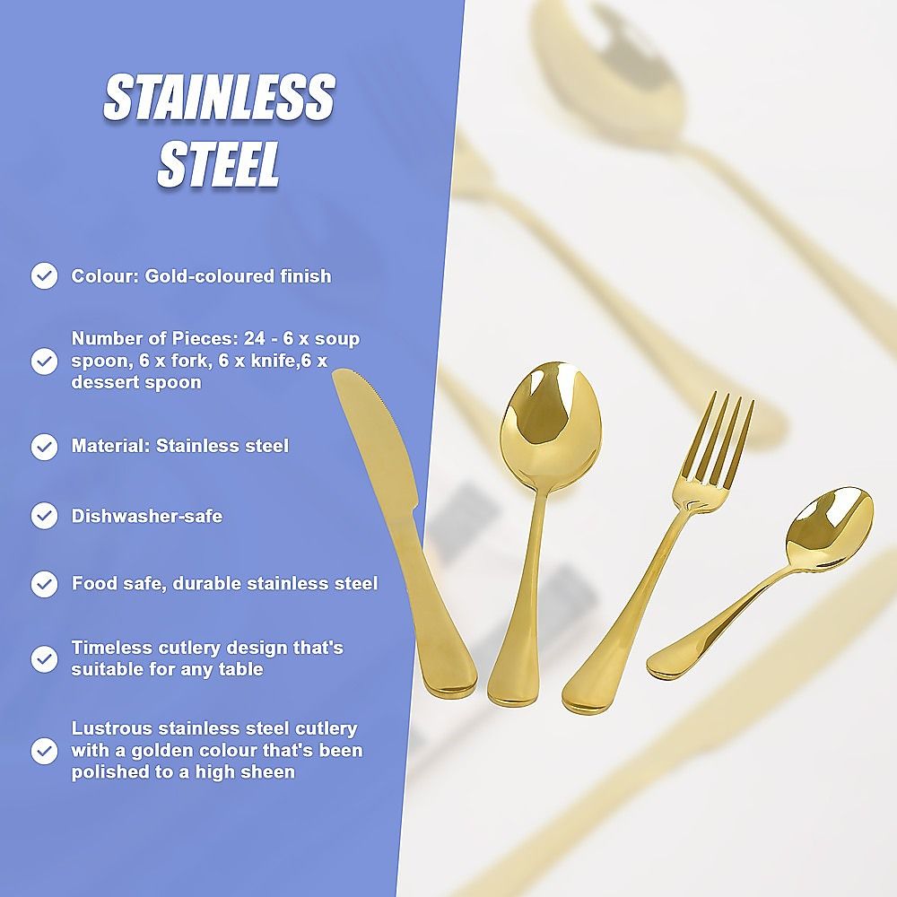 Gold Cutlery Flatware Set 24-Piece Stainless Steel Silverware with Reflective Mirror Finish