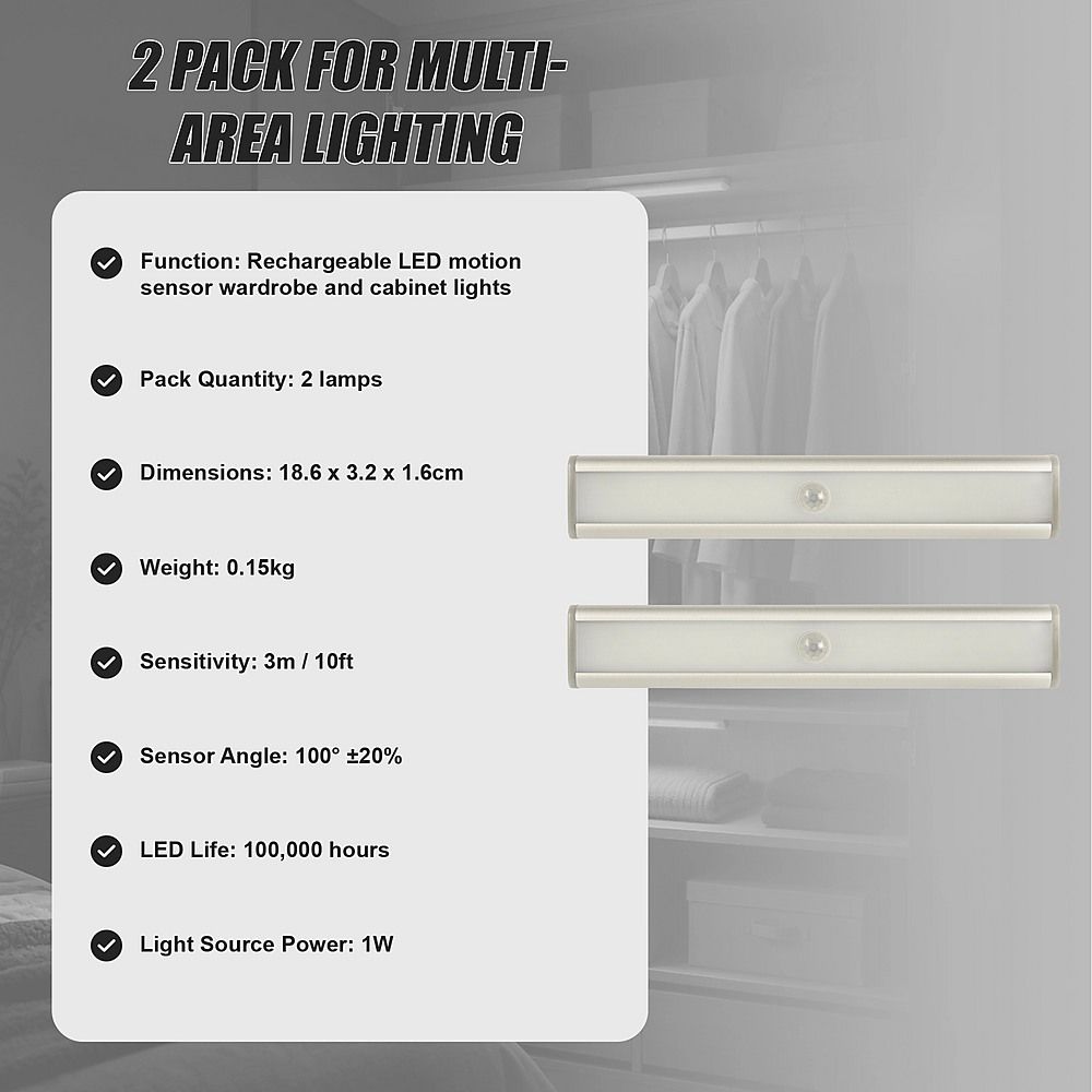 Stick-on Wireless LED Closet Light 2 x 46 Rechargeable Motion Sensor Under Cabinet Lamp