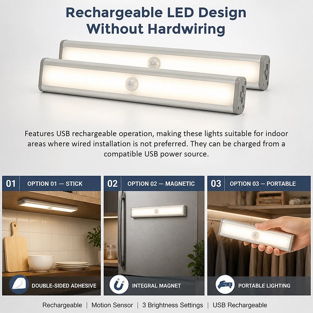 Stick-on Wireless LED Closet Light 2 x 46 Rechargeable Motion Sensor Under Cabinet Lamp