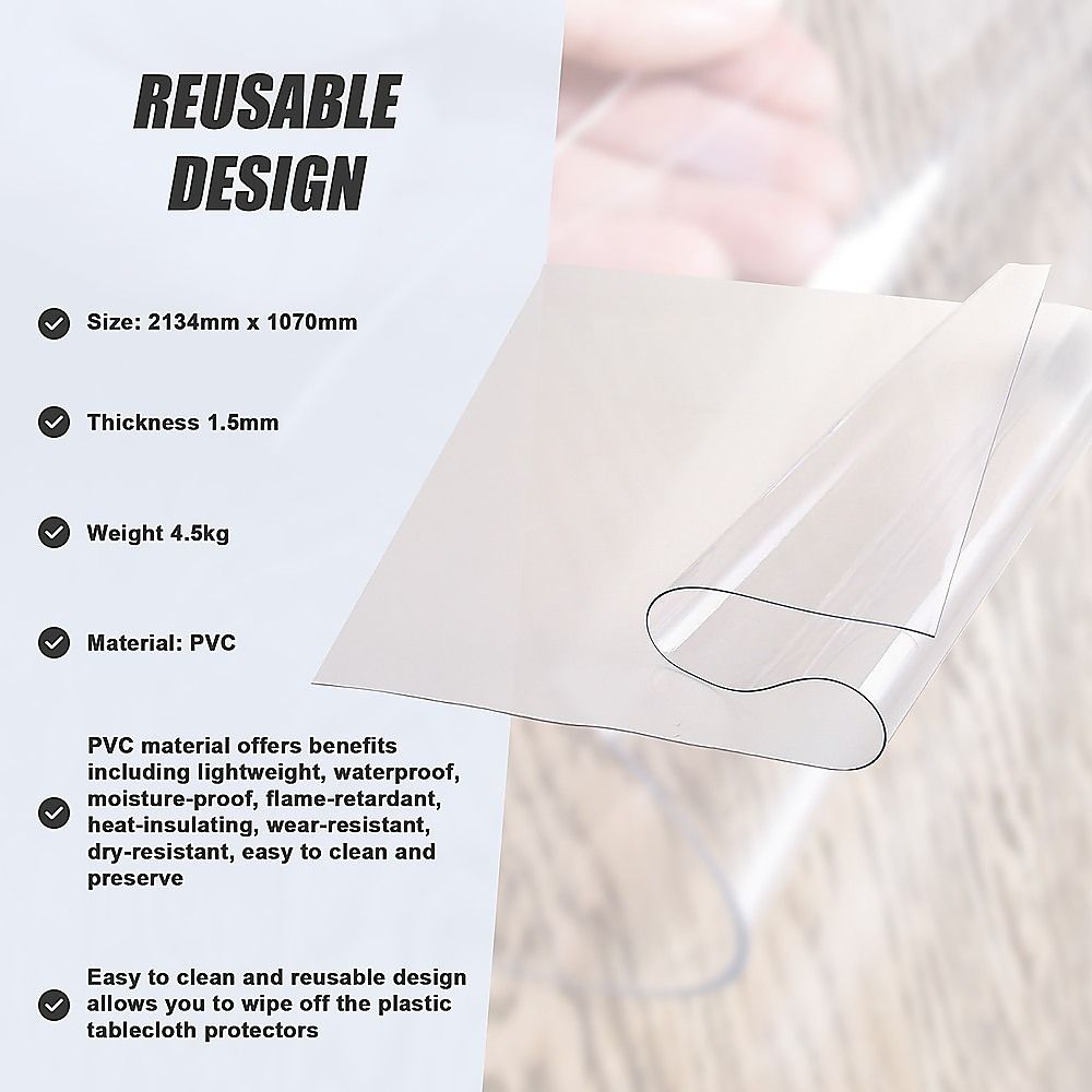 PVC Tablecloth Protector Dining Table Cover 2134x1070mm 1.5mm Plastic