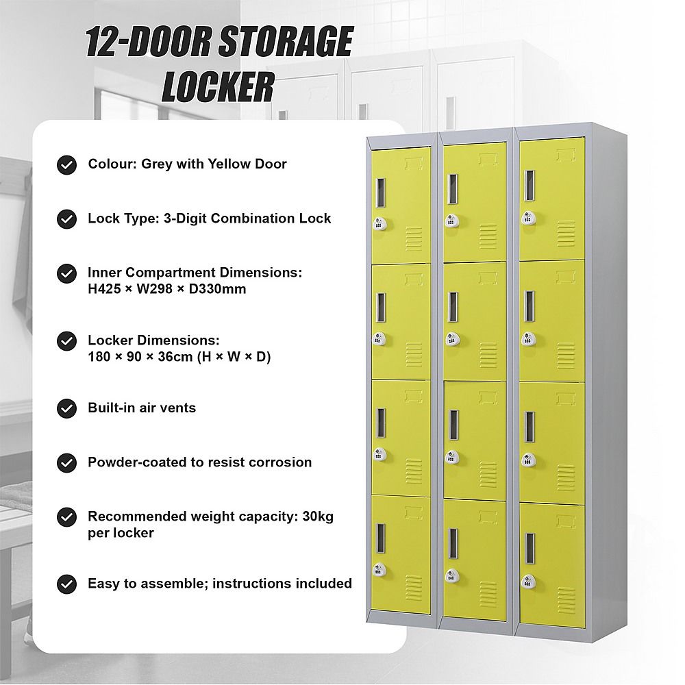 12-Door Locker for Office, Gym, Shed, School, Home Storage - 3-Digit Combination Lock