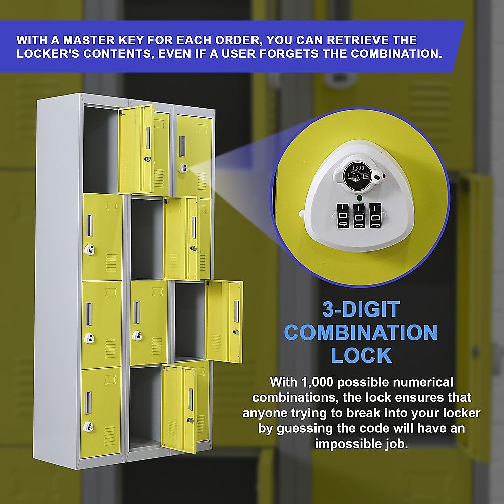12-Door Locker for Office, Gym, Shed, School, Home Storage - 3-Digit Combination Lock