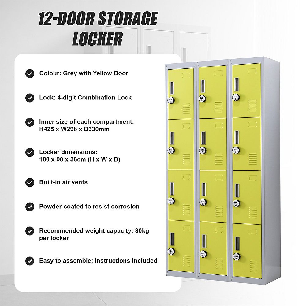 12-Door Locker for Office, Gym, Shed, School, Home Storage - 4-Digit Combination Lock